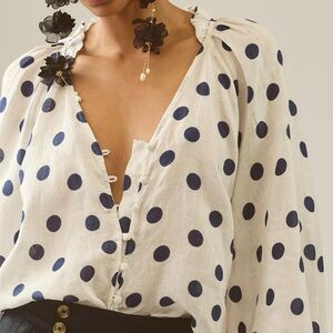 Maeve Anthropologie The Audie Linen Puff-Sleeve Blouse Size Medium